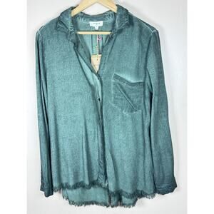 NWT Umgee Womens Button Down Tunic Top Green Fringe Linen Cotton M